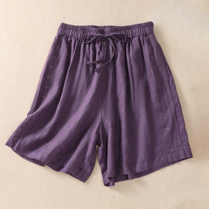 Short décontracté en coton et lin avec cordon de serrage et poches pour femme, motif floral brodé Buddha Stones