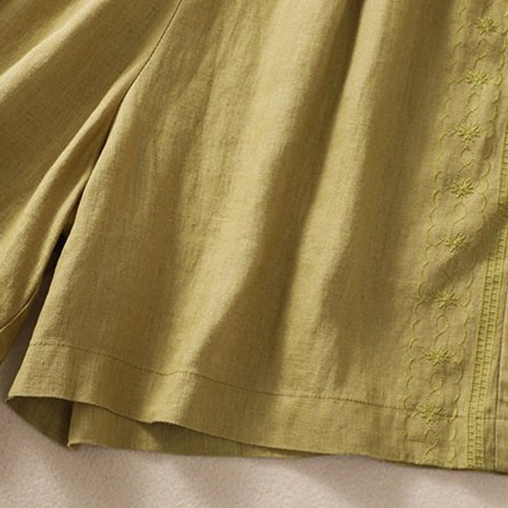 Short décontracté en coton et lin avec cordon de serrage et poches pour femme, motif floral brodé Buddha Stones