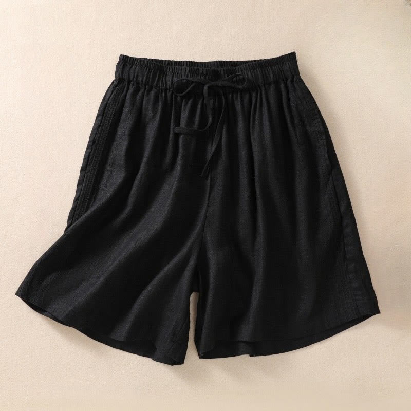 Short décontracté en coton et lin avec cordon de serrage et poches pour femme, motif floral brodé Buddha Stones