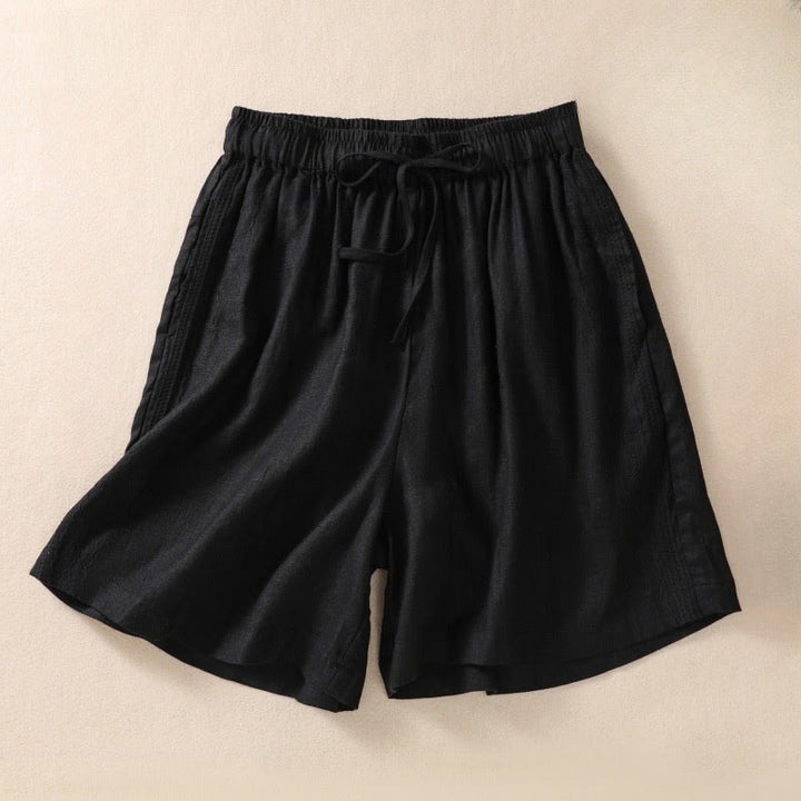 Short décontracté en coton et lin avec cordon de serrage et poches pour femme, motif floral brodé Buddha Stones