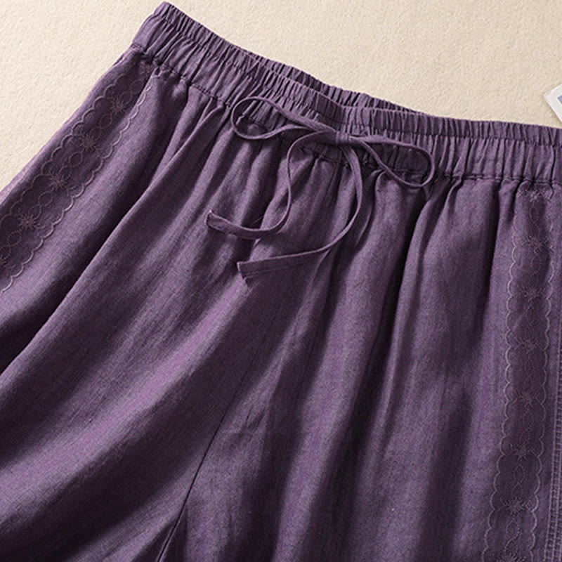 Short décontracté en coton et lin avec cordon de serrage et poches pour femme, motif floral brodé Buddha Stones
