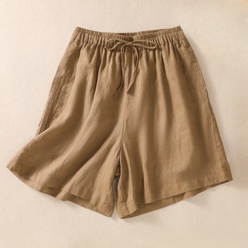 Short décontracté en coton et lin avec cordon de serrage et poches pour femme, motif floral brodé Buddha Stones