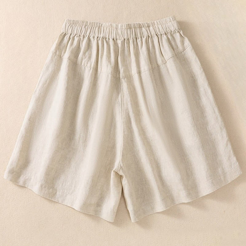 Short décontracté en coton et lin avec cordon de serrage et poches pour femme, motif floral brodé Buddha Stones