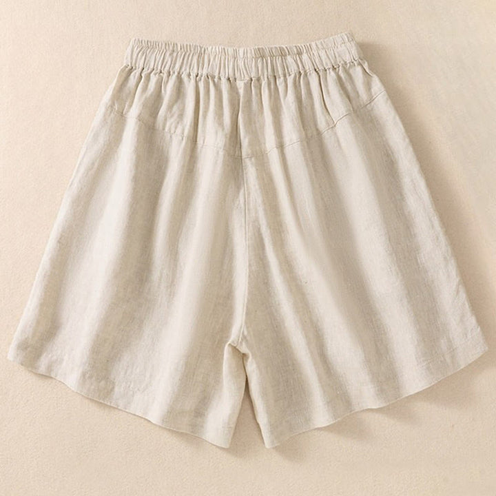 Short décontracté en coton et lin avec cordon de serrage et poches pour femme, motif floral brodé Buddha Stones