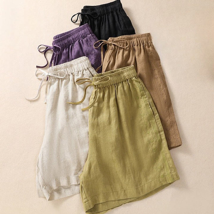 Short décontracté en coton et lin avec cordon de serrage et poches pour femme, motif floral brodé Buddha Stones