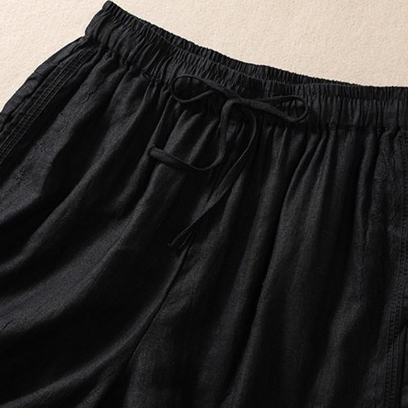 Short décontracté en coton et lin avec cordon de serrage et poches pour femme, motif floral brodé Buddha Stones