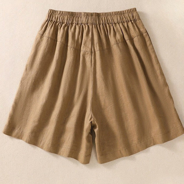 Short décontracté en coton et lin avec cordon de serrage et poches pour femme, motif floral brodé Buddha Stones