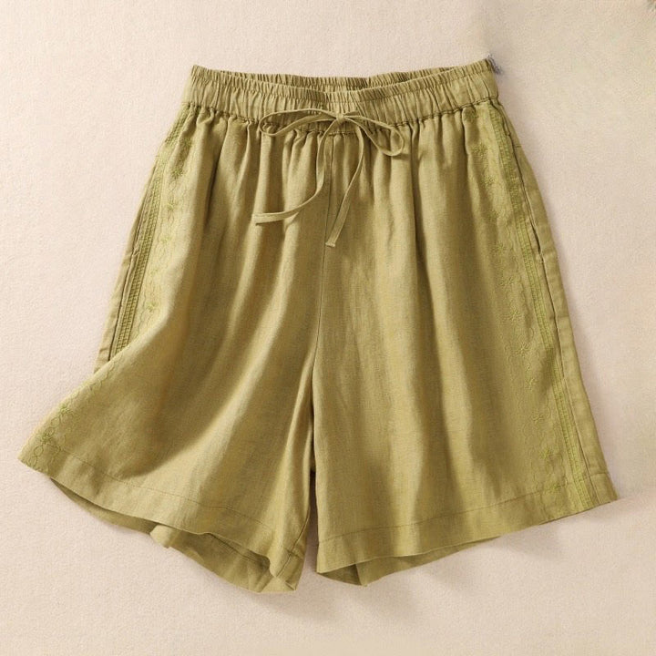 Short décontracté en coton et lin avec cordon de serrage et poches pour femme, motif floral brodé Buddha Stones