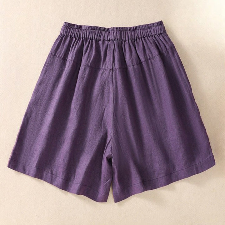 Short décontracté en coton et lin avec cordon de serrage et poches pour femme, motif floral brodé Buddha Stones