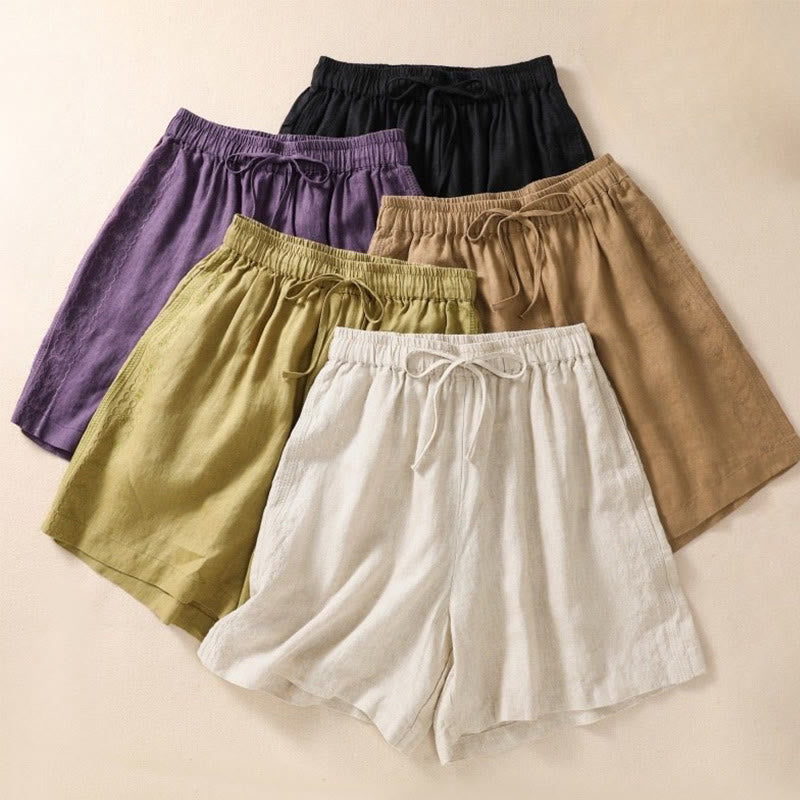 Short décontracté en coton et lin avec cordon de serrage et poches pour femme, motif floral brodé Buddha Stones