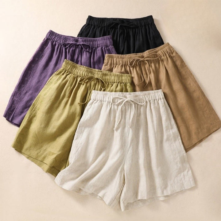 Short décontracté en coton et lin avec cordon de serrage et poches pour femme, motif floral brodé Buddha Stones