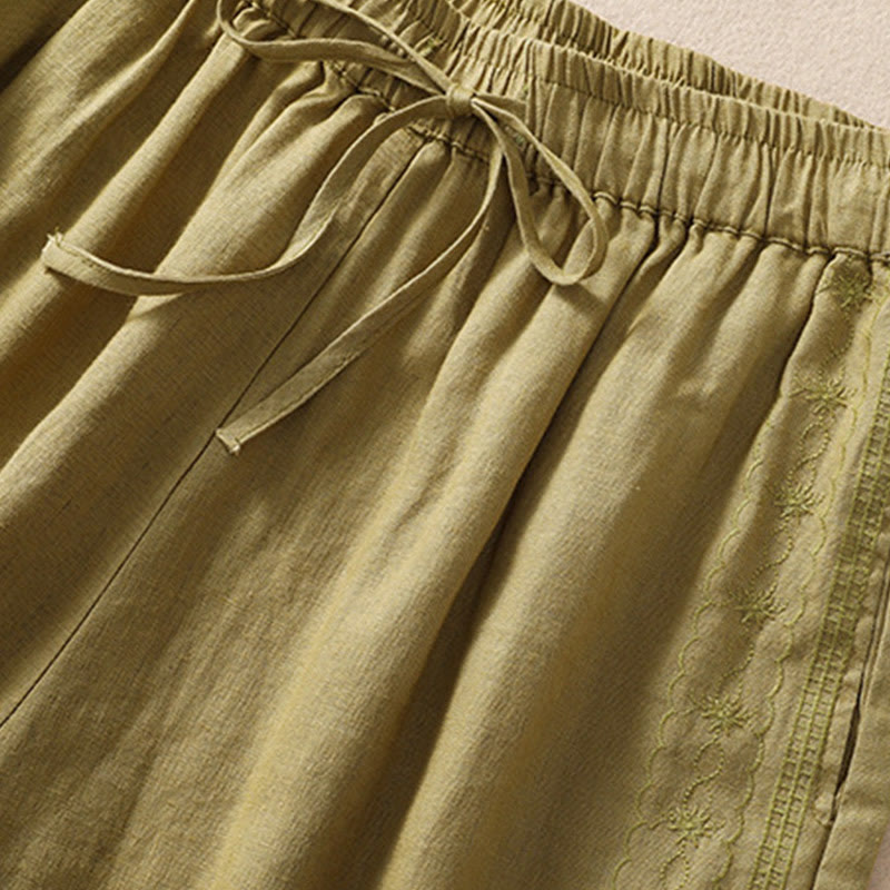 Short décontracté en coton et lin avec cordon de serrage et poches pour femme, motif floral brodé Buddha Stones