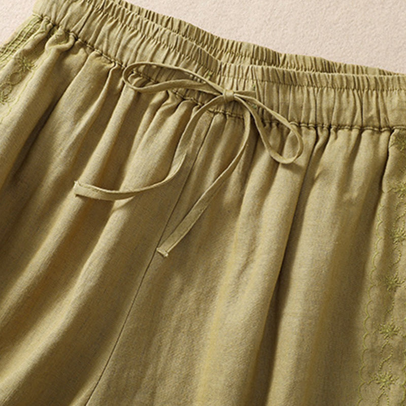 Short décontracté en coton et lin avec cordon de serrage et poches pour femme, motif floral brodé Buddha Stones