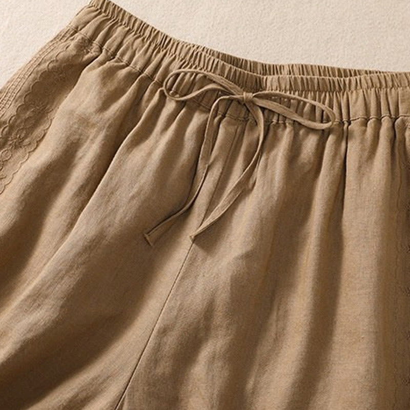 Short décontracté en coton et lin avec cordon de serrage et poches pour femme, motif floral brodé Buddha Stones