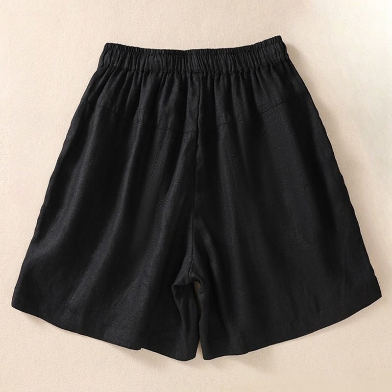Short décontracté en coton et lin avec cordon de serrage et poches pour femme, motif floral brodé Buddha Stones