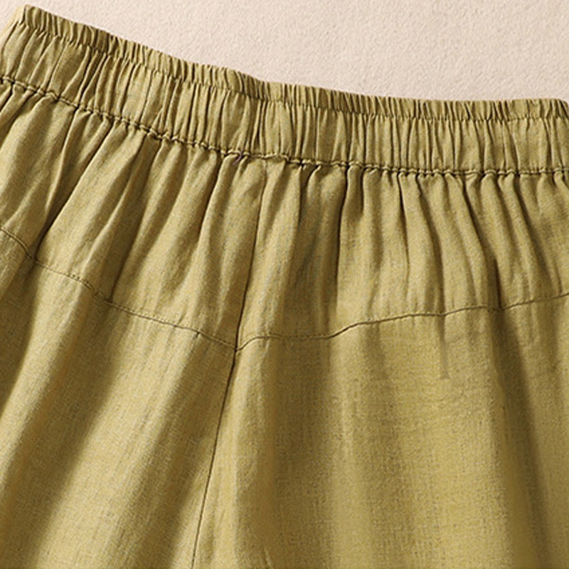 Short décontracté en coton et lin avec cordon de serrage et poches pour femme, motif floral brodé Buddha Stones