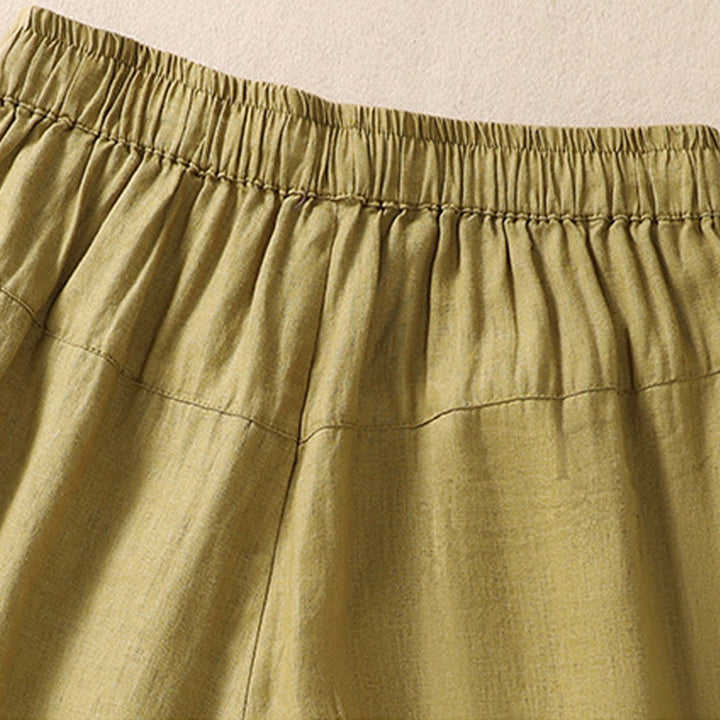 Short décontracté en coton et lin avec cordon de serrage et poches pour femme, motif floral brodé Buddha Stones