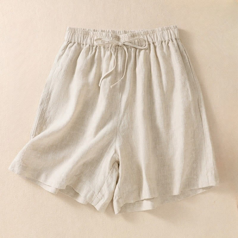 Short décontracté en coton et lin avec cordon de serrage et poches pour femme, motif floral brodé Buddha Stones