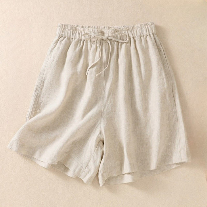 Short décontracté en coton et lin avec cordon de serrage et poches pour femme, motif floral brodé Buddha Stones
