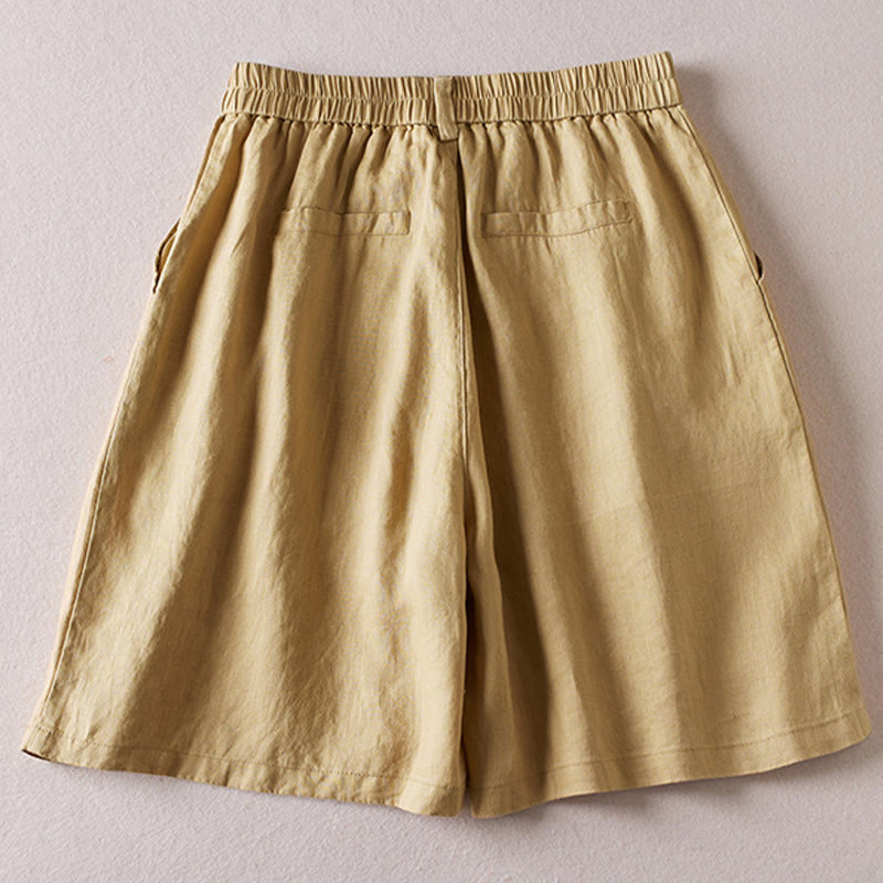 Short d'été en coton et lin pour femme avec poches et motif simple et froissé Buddha Stones