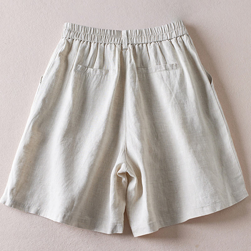 Short d'été en coton et lin pour femme avec poches et motif simple et froissé Buddha Stones