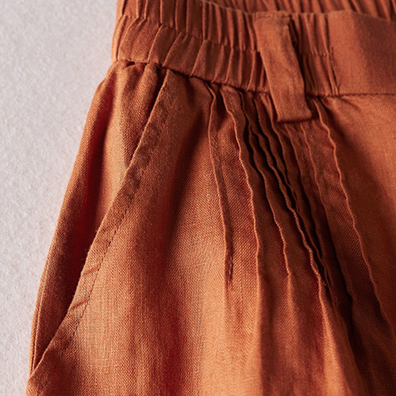 Short d'été en coton et lin pour femme avec poches et motif simple et froissé Buddha Stones - image 4