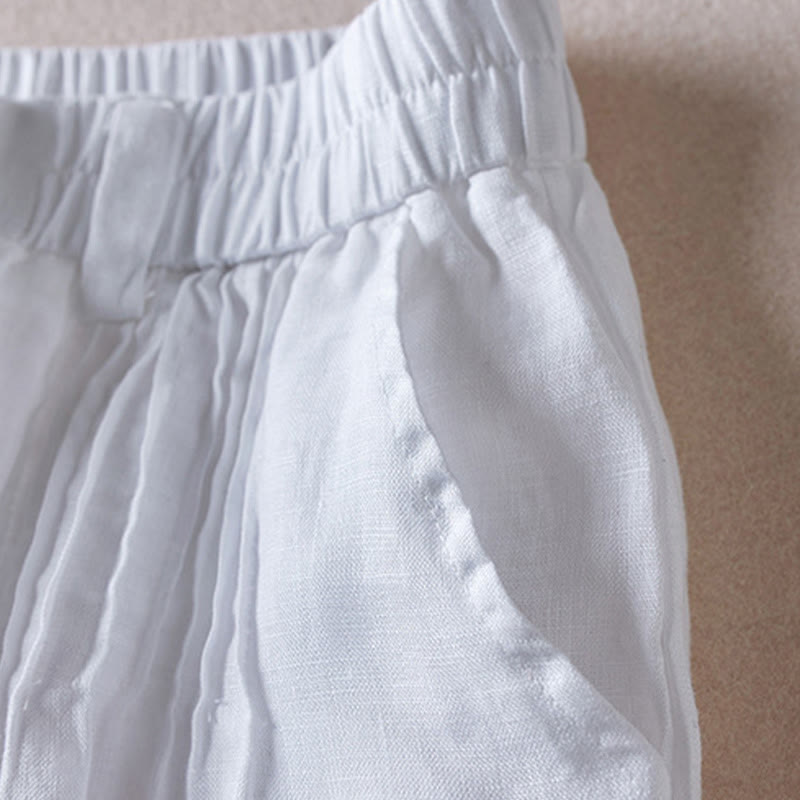 Short d'été en coton et lin pour femme avec poches et motif simple et froissé Buddha Stones