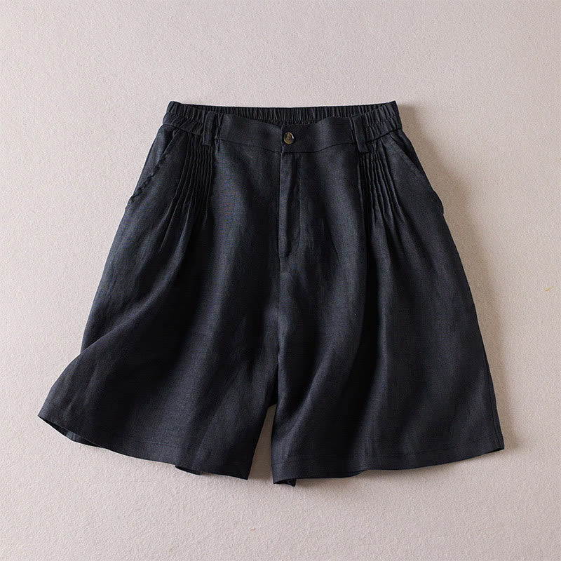 Short d'été en coton et lin pour femme avec poches et motif simple et froissé Buddha Stones