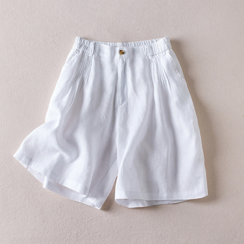 Short d'été en coton et lin pour femme avec poches et motif simple et froissé Buddha Stones