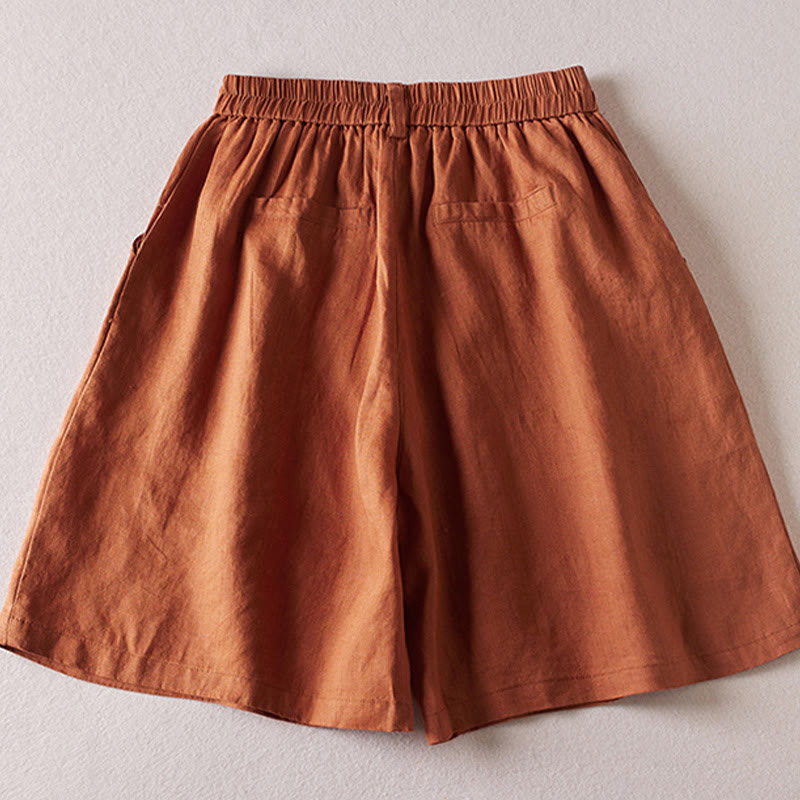 Short d'été en coton et lin pour femme avec poches et motif simple et froissé Buddha Stones