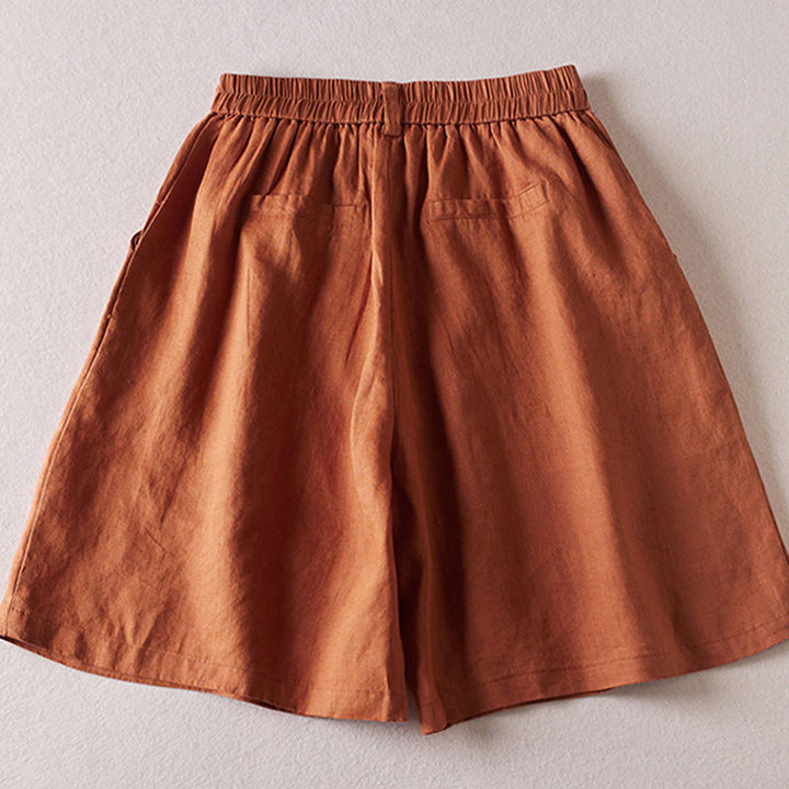 Short d'été en coton et lin pour femme avec poches et motif simple et froissé Buddha Stones