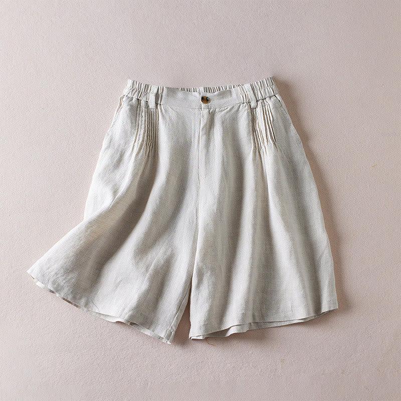 Short d'été en coton et lin pour femme avec poches et motif simple et froissé Buddha Stones