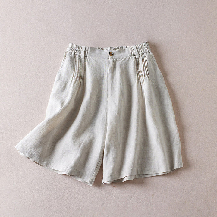 Short d'été en coton et lin pour femme avec poches et motif simple et froissé Buddha Stones