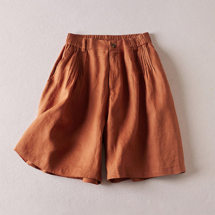 Short d'été en coton et lin pour femme avec poches et motif simple et froissé Buddha Stones
