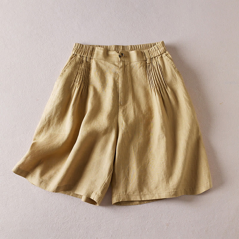 Short d'été en coton et lin pour femme avec poches et motif simple et froissé Buddha Stones