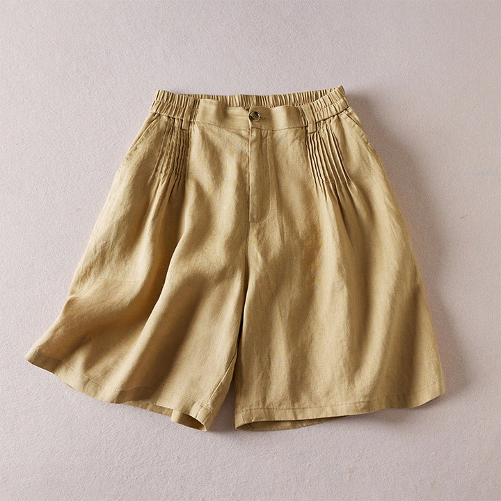 Short d'été en coton et lin pour femme avec poches et motif simple et froissé Buddha Stones