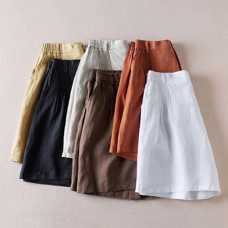 Short d'été en coton et lin pour femme avec poches et motif simple et froissé Buddha Stones