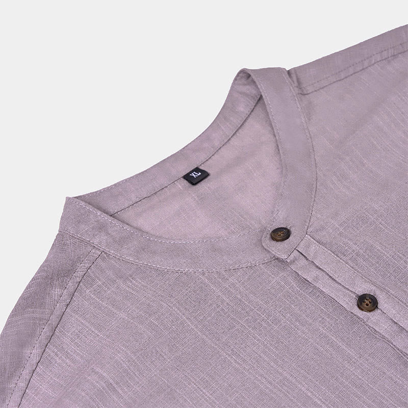 Chemise d'été en coton et lin à manches courtes et demi-boutons pour homme, couleur unie, motif Buddha Stones