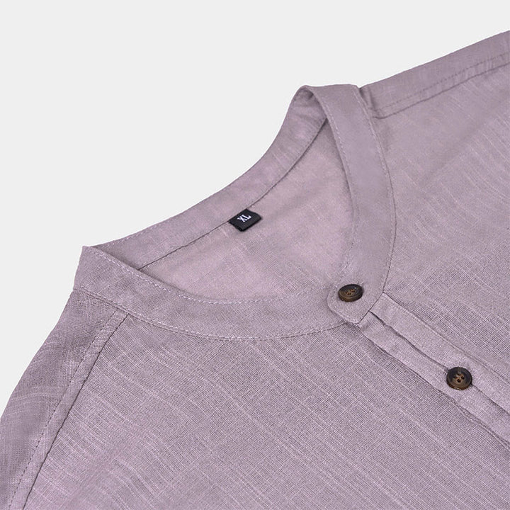 Chemise d'été en coton et lin à manches courtes et demi-boutons pour homme, couleur unie, motif Buddha Stones