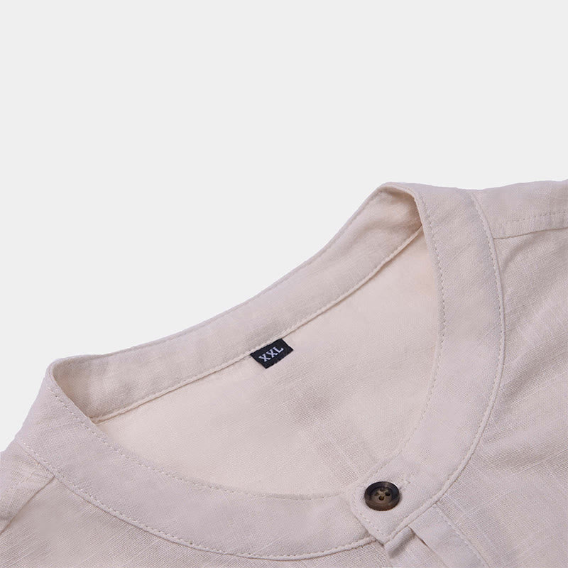 Chemise d'été en coton et lin à manches courtes et demi-boutons pour homme, couleur unie, motif Buddha Stones