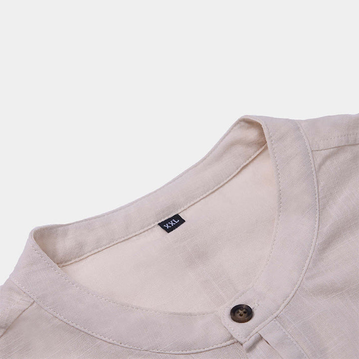 Chemise d'été en coton et lin à manches courtes et demi-boutons pour homme, couleur unie, motif Buddha Stones