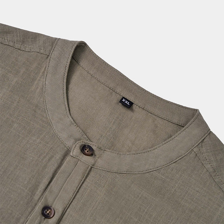 Chemise d'été en coton et lin à manches courtes et demi-boutons pour homme, couleur unie, motif Buddha Stones