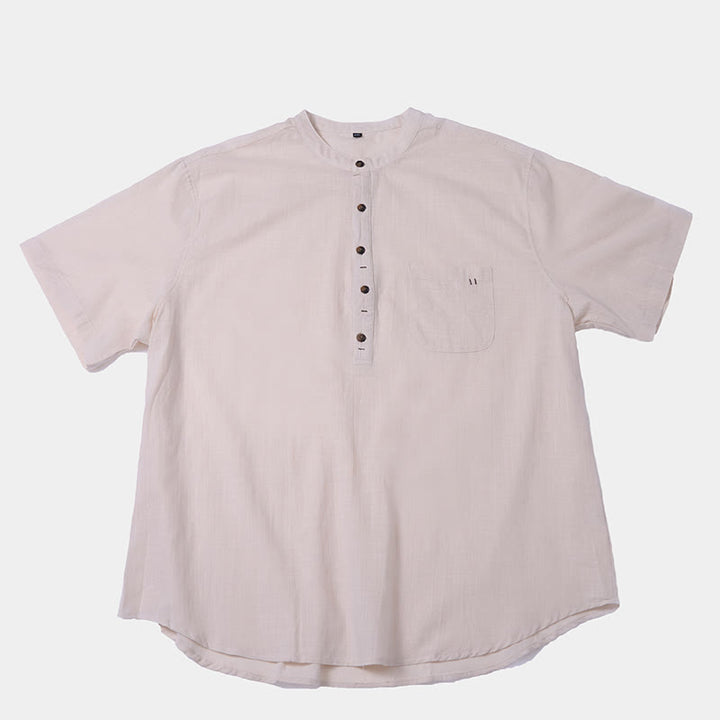 Chemise d'été en coton et lin à manches courtes et demi-boutons pour homme, couleur unie, motif Buddha Stones