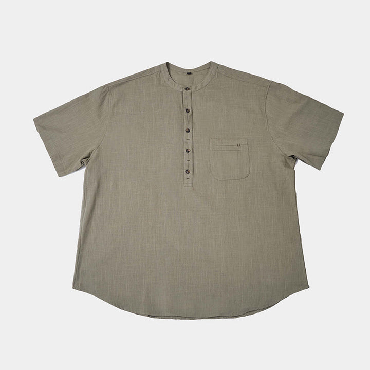 Chemise d'été en coton et lin à manches courtes et demi-boutons pour homme, couleur unie, motif Buddha Stones