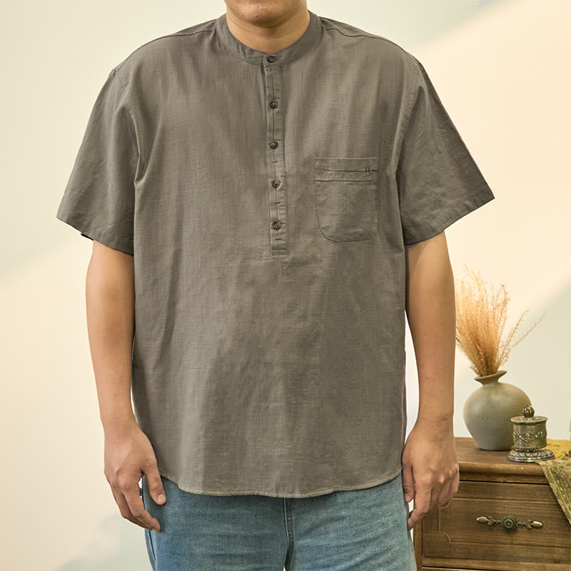 Chemise d'été en coton et lin à manches courtes et demi-boutons pour homme, couleur unie, motif Buddha Stones - Vert foncé - US/UK/AU40，EU50 (2XL) - image 1
