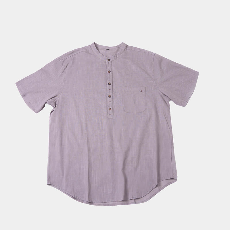 Chemise d'été en coton et lin à manches courtes et demi-boutons pour homme, couleur unie, motif Buddha Stones