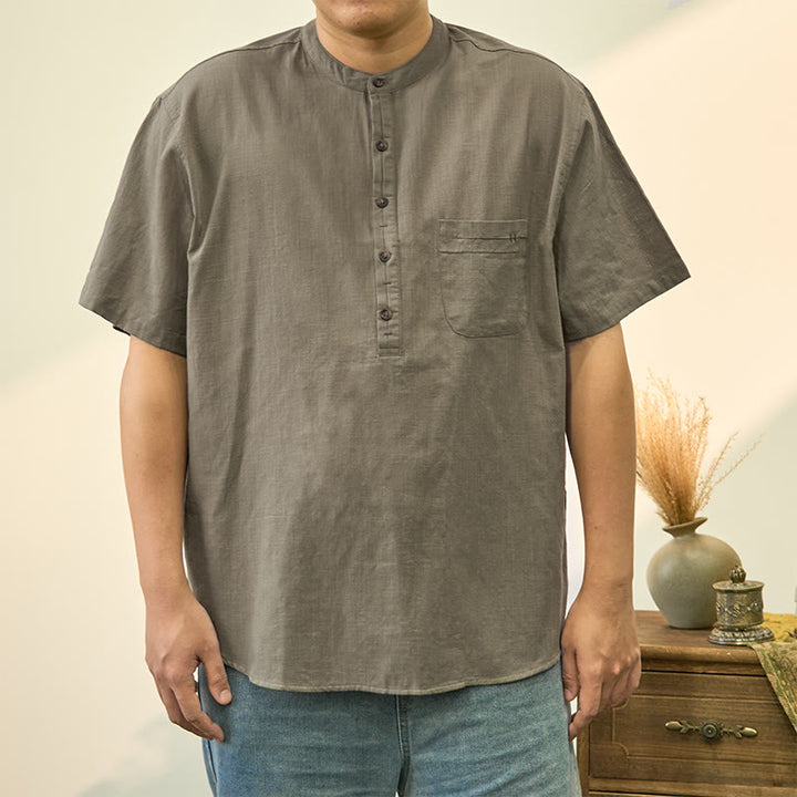 Chemise d'été en coton et lin à manches courtes et demi-boutons pour homme, couleur unie, motif Buddha Stones
