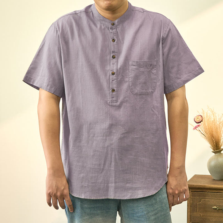 Chemise d'été en coton et lin à manches courtes et demi-boutons pour homme, couleur unie, motif Buddha Stones - Gris clair - US/UK/AU40，EU50 (2XL) - image 13