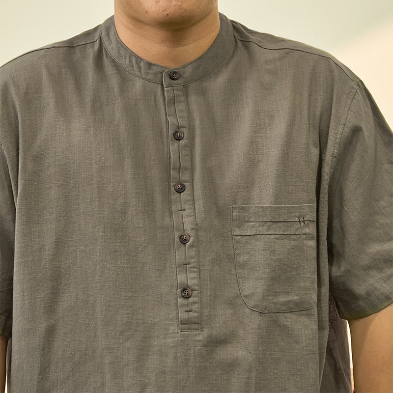 Chemise d'été en coton et lin à manches courtes et demi-boutons pour homme, couleur unie, motif Buddha Stones