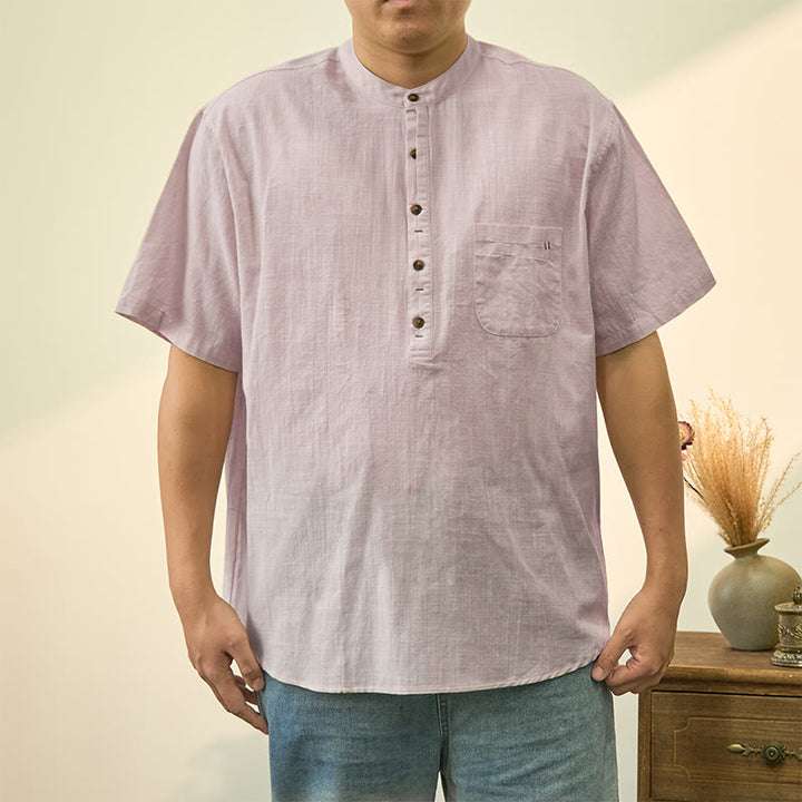 Chemise d'été en coton et lin à manches courtes et demi-boutons pour homme, couleur unie, motif Buddha Stones